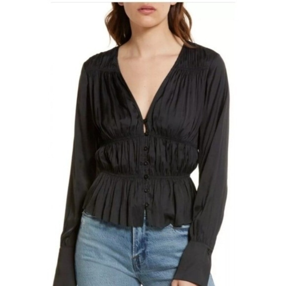 FRAME V-Neck Button Front Ruched Blouse in Noir‎ Size S NWOT